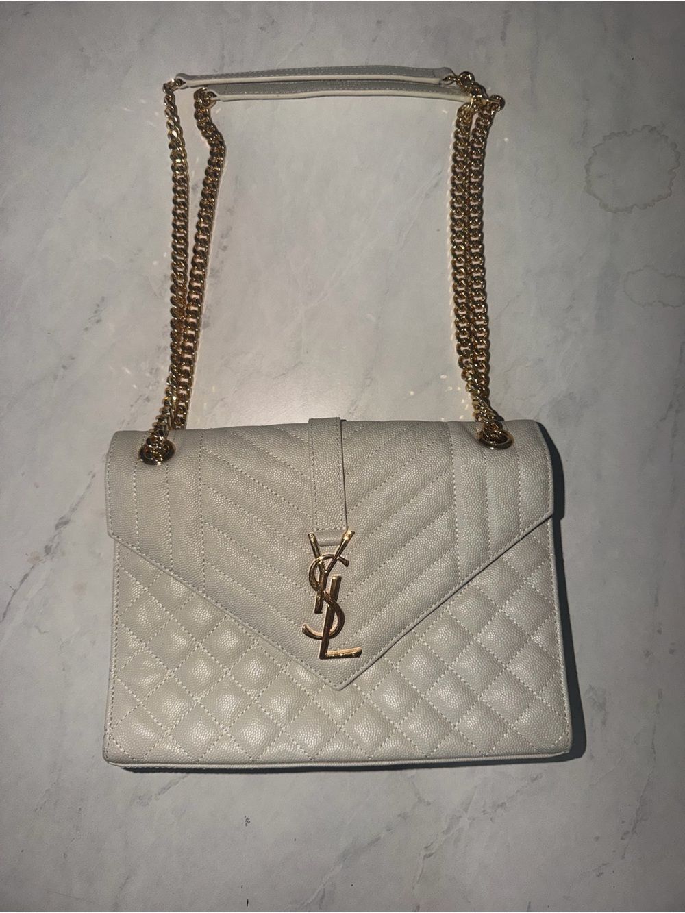 Saint Laurent Cream Quilted Envelope Shoulder Bag with Gold Hardware